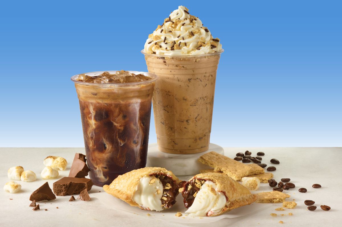 Hardee's S'mores platform menu lineup showcases an iced coffee, a blended shake, and a warm pastry filled with chocolate and marshmallow.