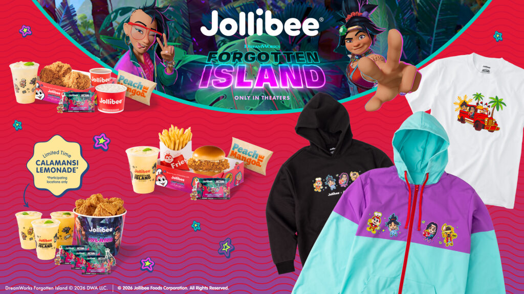Jollibee Forgotten Island promotional banner showcasing featured menu items, apparel, and character artwork.