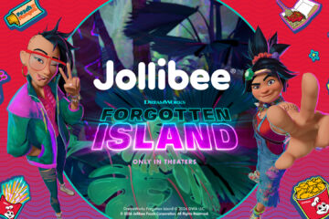 DreamWorks Jollibee Forgotten Island movie partnership banner with Jollibee featuring animated film characters and food graphics.