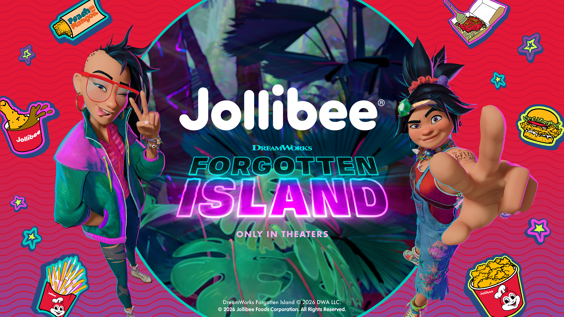 DreamWorks Jollibee Forgotten Island movie partnership banner with Jollibee featuring animated film characters and food graphics.
