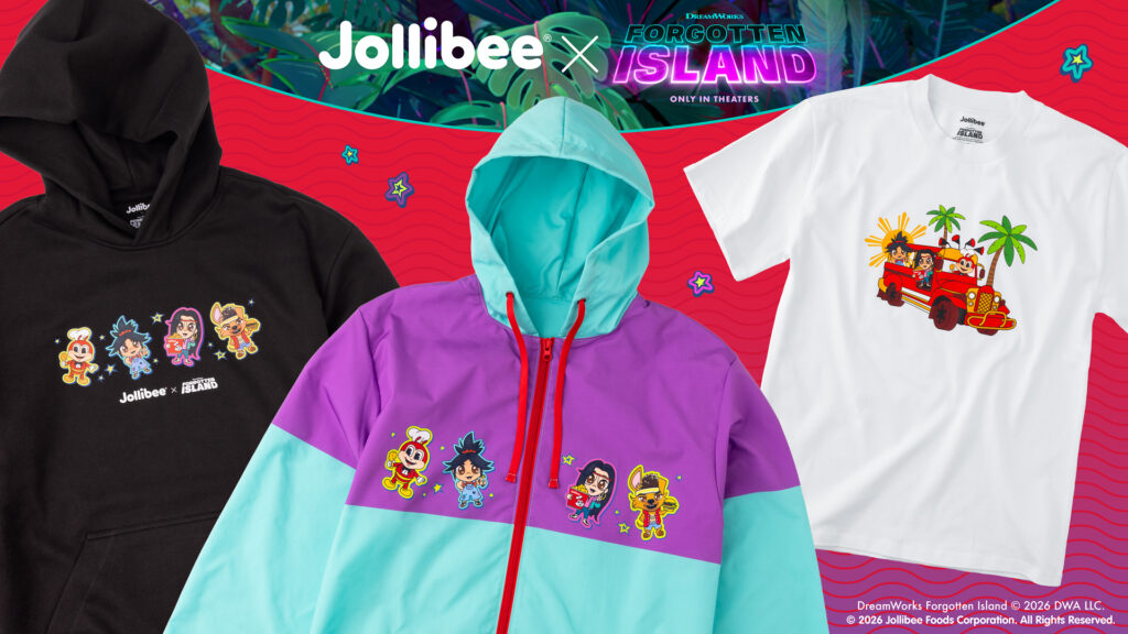 Jollibee Forgotten Island branded apparel line, including a black hoodie, colorblock windbreaker, and graphic t-shirt.