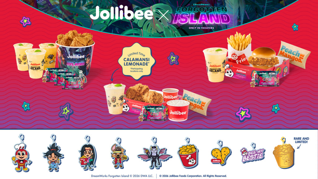 Jollibee x DreamWorks Forgotten Island promo graphic displaying chicken meals, calamansi lemonade, and collectible keychains.