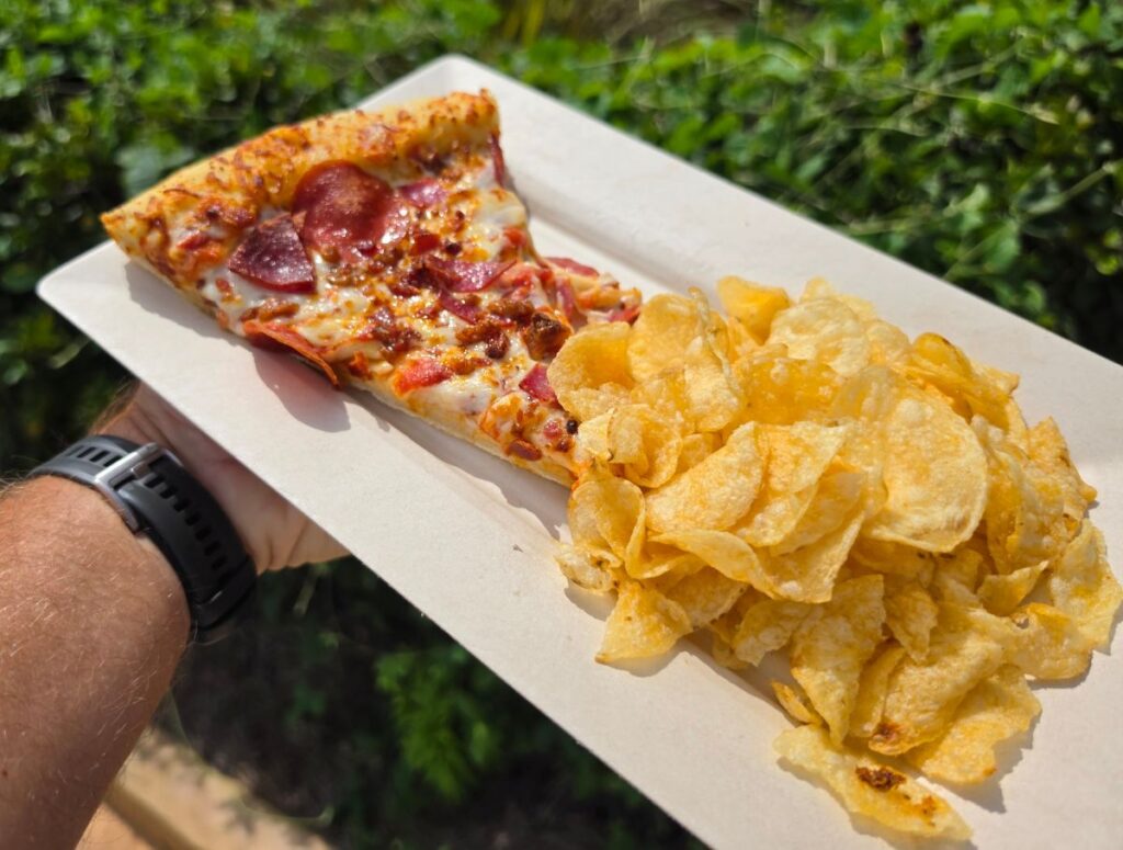 view of Meat Lovers pizza served with chips