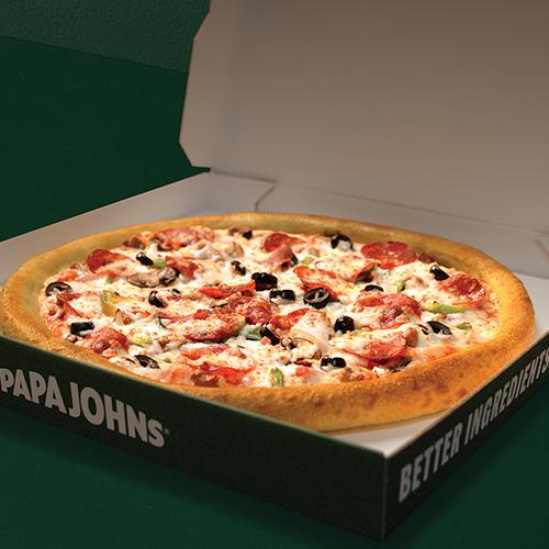 Papa Johns Works Deal promotional image showing a large Works pizza