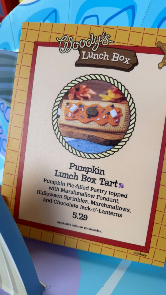 Woody's Lunch Box menu sign showing Pumpkin Lunch Box Tart