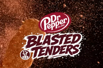 A crispy chicken tender with a dusting of seasoning, featuring the Dr Pepper logo and 'Blasted Tenders' text on a dark background.