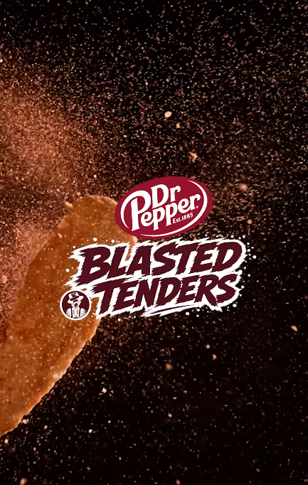 A crispy chicken tender with a dusting of seasoning, featuring the Dr Pepper logo and 'Blasted Tenders' text on a dark background.