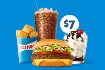Sonic Big Deal Meal image featuring a burger, tots, a drink, and a dessert.