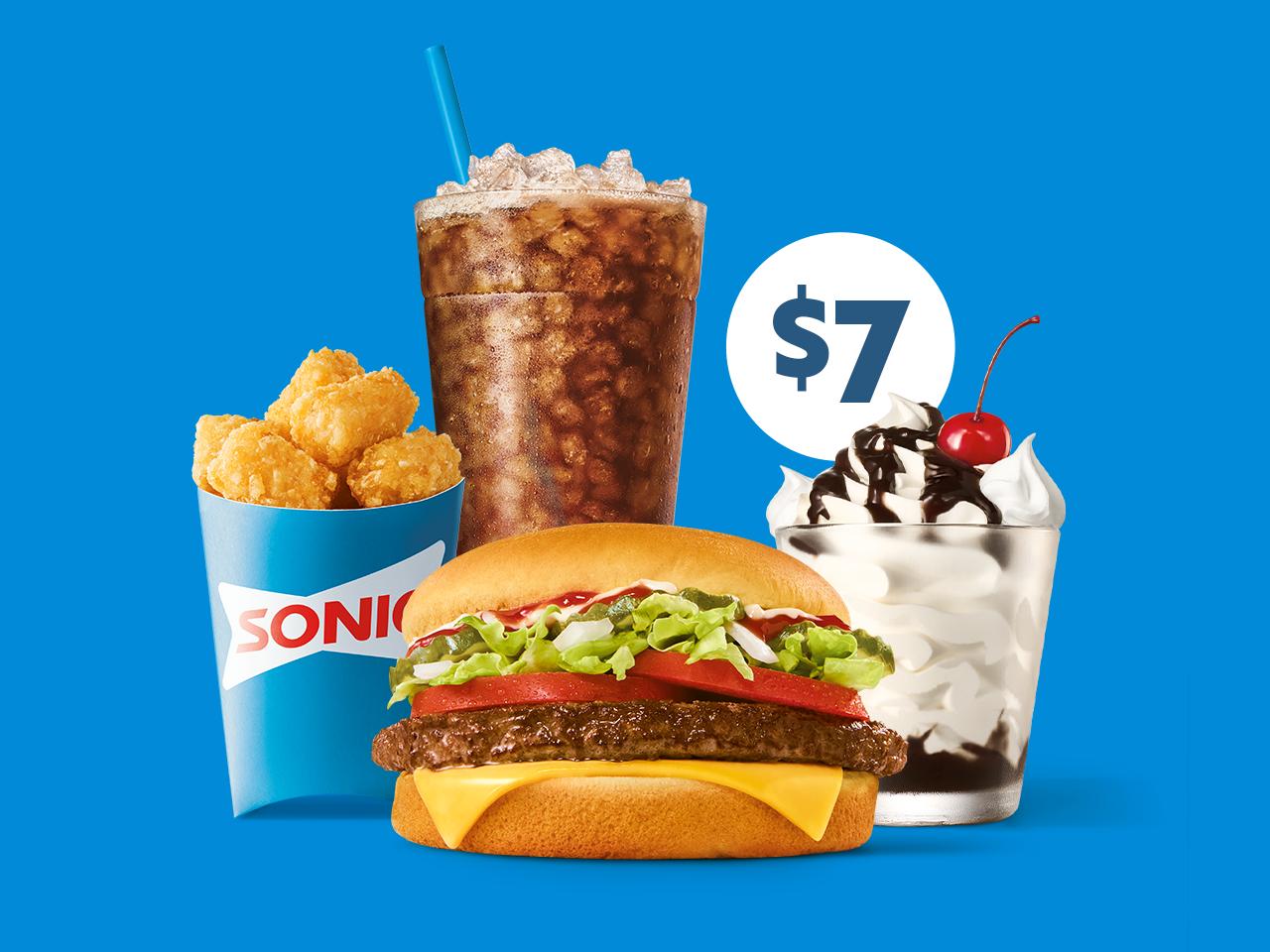 Sonic Big Deal Meal image featuring a burger, tots, a drink, and a dessert.