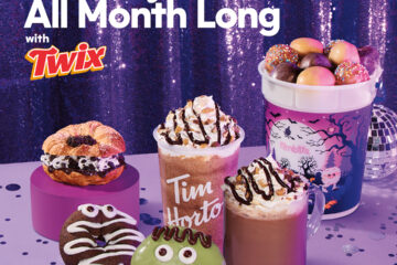 Tim Hortons Halloween menu items, including Twix-themed treats, a croissant, donuts, a frozen drink, and a bucket of Timbits, set against a purple sequin backdrop.