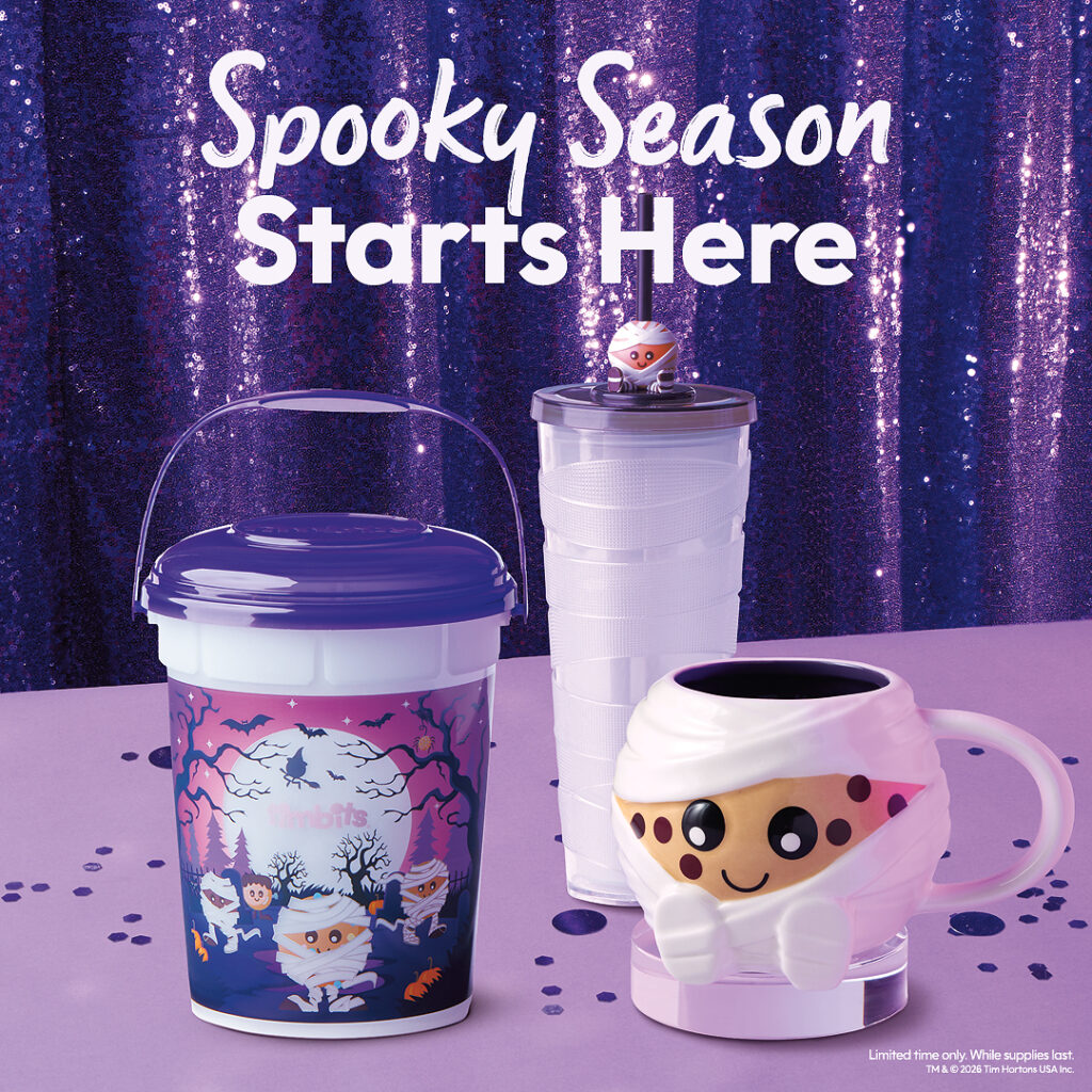 A collection featuring a Timbits bucket, a mummy-topped tumbler, and a mummy-shaped mug against a purple sequin background.