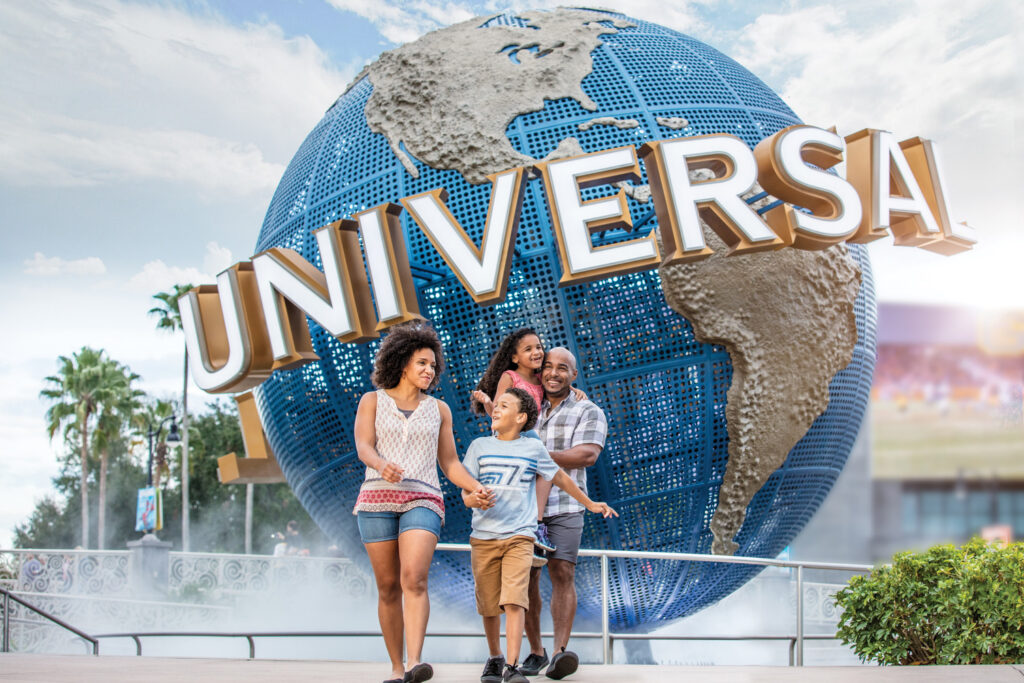 Family standing in front of Universal Orlando's globe to promote
Universal Florida Resident Ticket