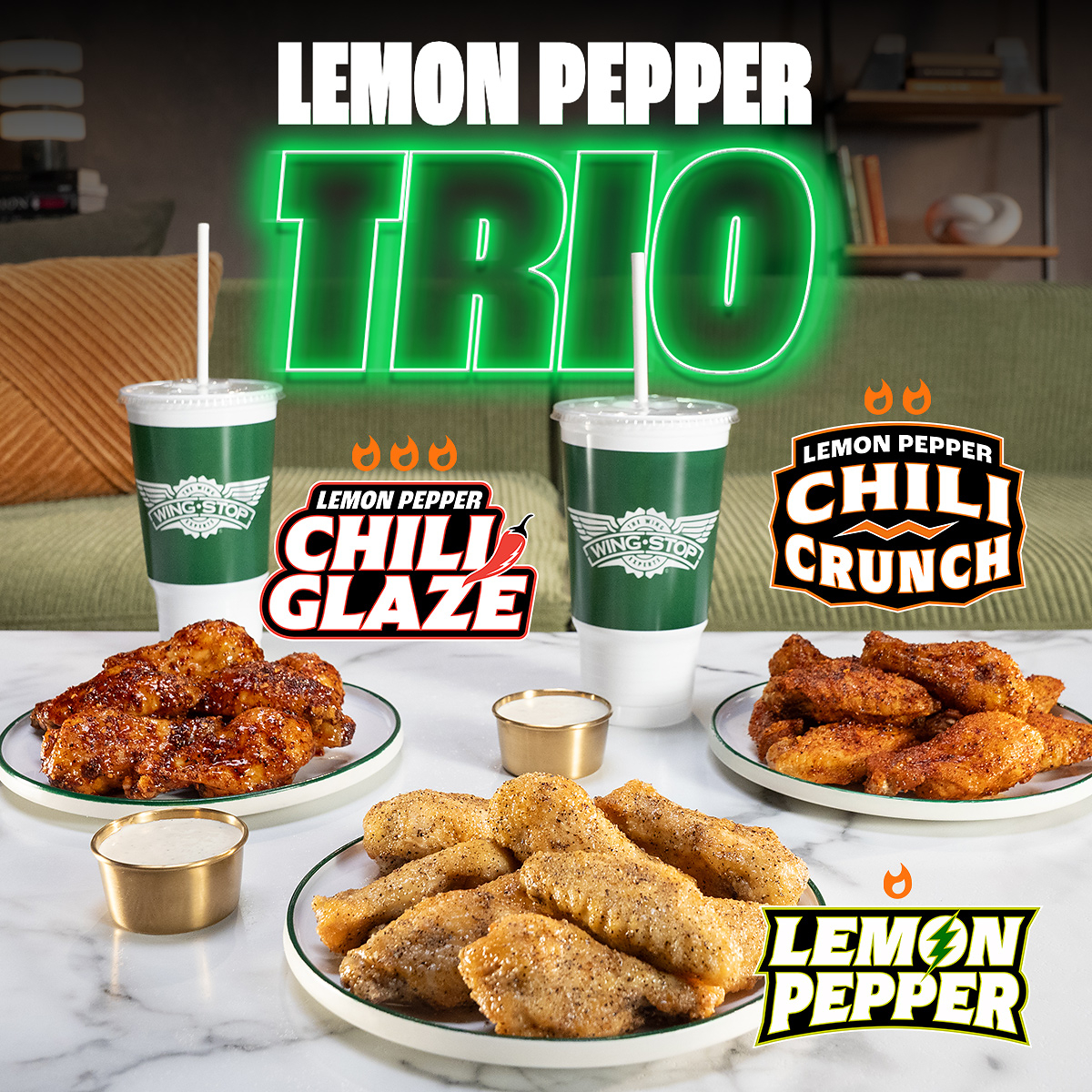 Wingstop Lemon Pepper Trio promotional image showing all three options