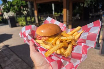 Zagora Cafe Double Cheeseburger held showing the fries and burger