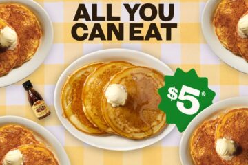 Plates of golden pancakes topped with butter on a yellow checkered tablecloth, with text reading ALL YOU CAN EAT and a green starburst label for $5 - Cracker Barrel pancake deal.
