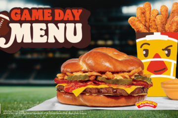 A Burger King Game Day menu features a pretzel bun burger, a container of pretzel sticks with a face, and cheese dip on a football field background.