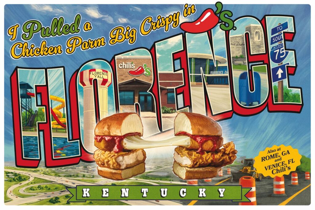 Chili's Florence Postcard promoting the Chicken Parm Big Crispy