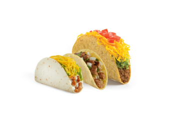 Del Taco Tacoberfest promotional image showing three types of tacos