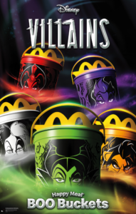 Five colorful McDonald's Happy Meal Boo Buckets featuring Disney villains Jafar, Ursula, Cruella de Vil, Maleficent, and Scar on a dark background.