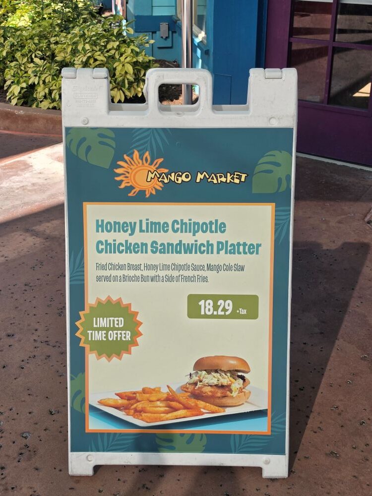 Honey Lime Chipotle Chicken Sandwich Platter Mango Market Aquatica Orlando signage