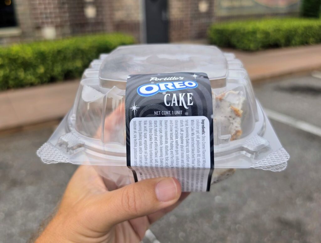 Portillo's Oreo Cake label is shown on plastic container