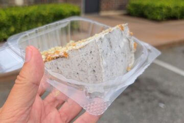 Cake slice shown in an opened plastic container