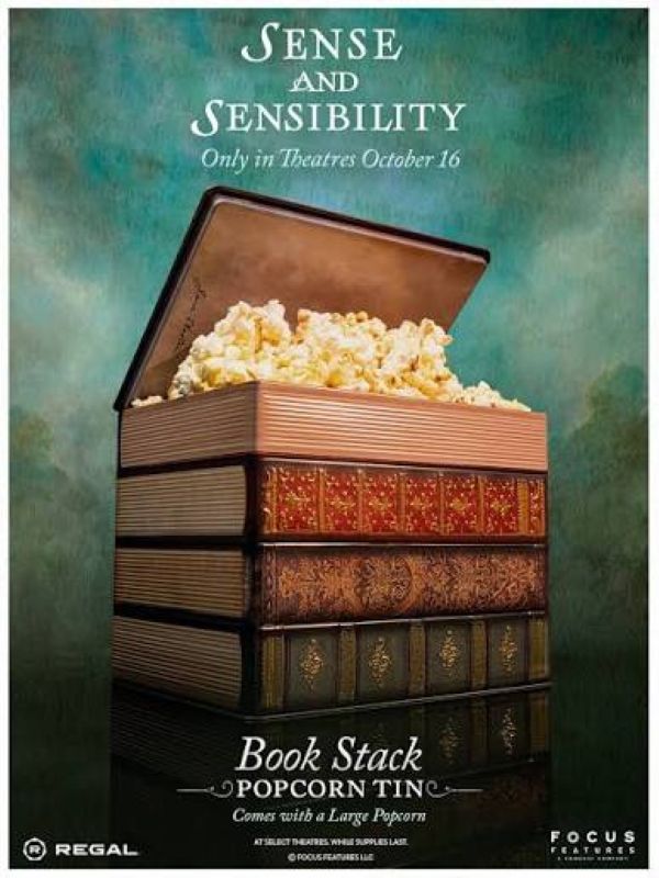 The Sense and Sensibility popcorn bucket which is a stack of vintage-style books with the top cover open, revealing a pile of popcorn inside, promoting the film Sense and Sensibility in theaters.