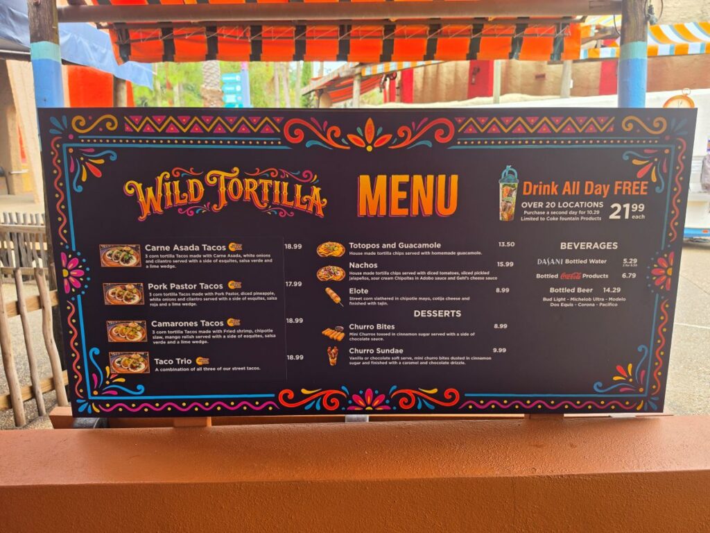 The Wild Tortilla menu at Busch Gardens Tampa Bay