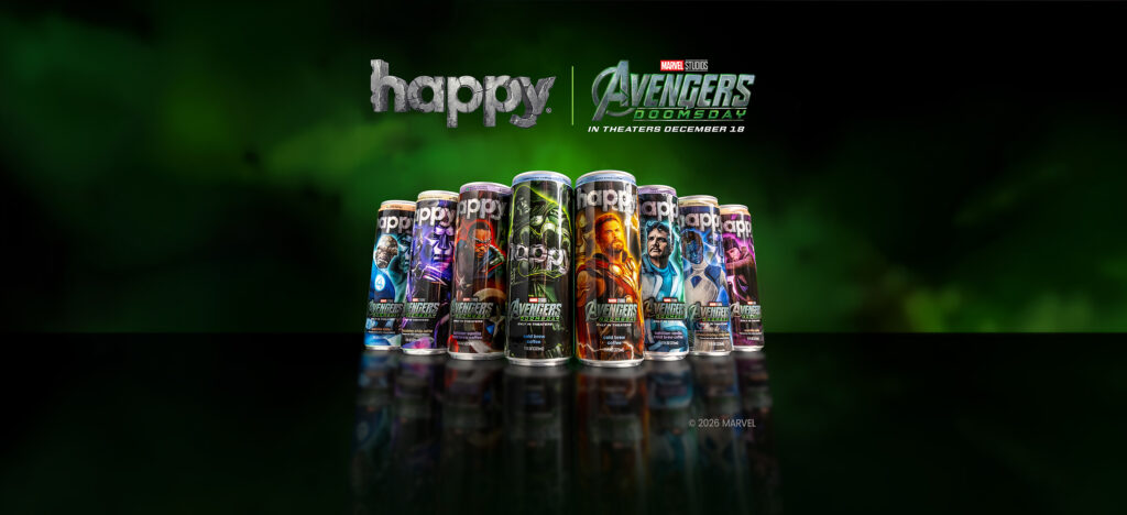 happy Avengers Doomsday Coffee with eight cans shown with various Marvel characters on them.