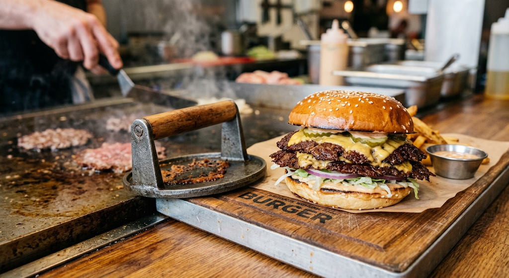 Image of a smash burger being created