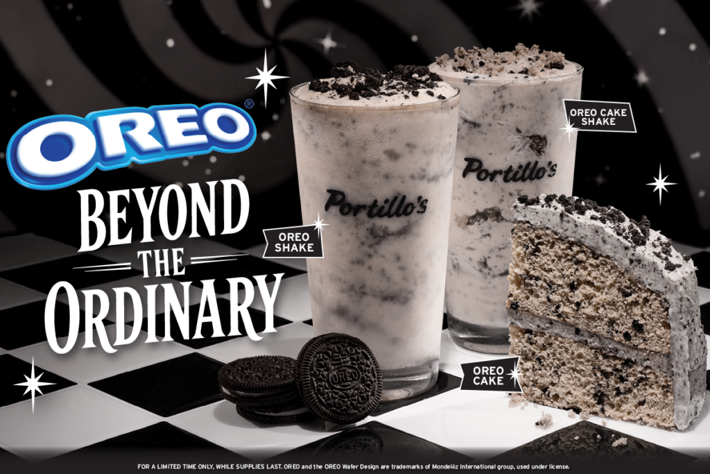 Portillo's Oreo Cake promotional image showing cake slice and shakes